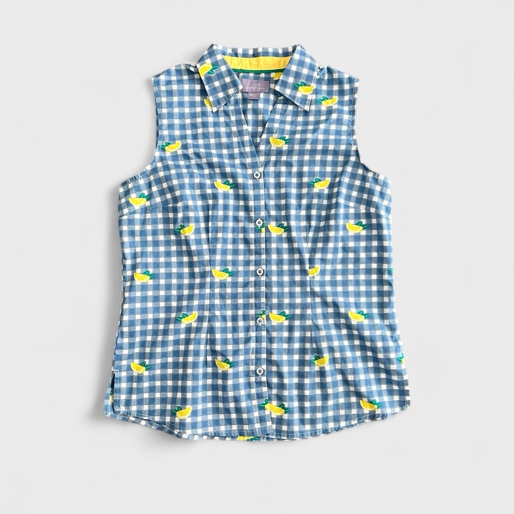 Laura Scott Button Up Plaid Lemon Print Blouse